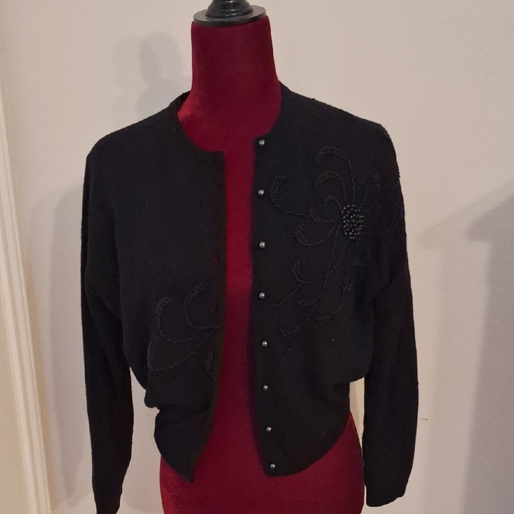 VINTAGE Black Beaded Cardigan Sweater